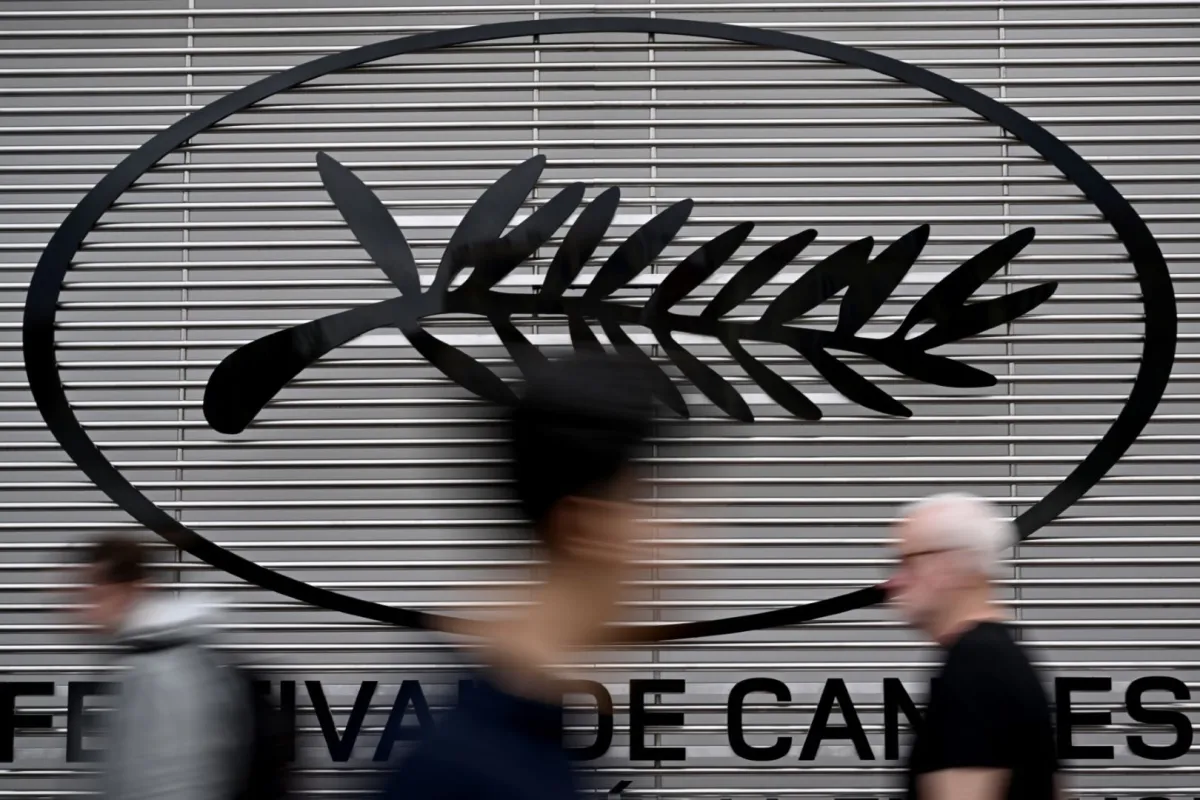 Cannes film festival logo in Cannes, southeastern France, on May 17, 2023. (Photo by LOIC VENANCE / AFP)