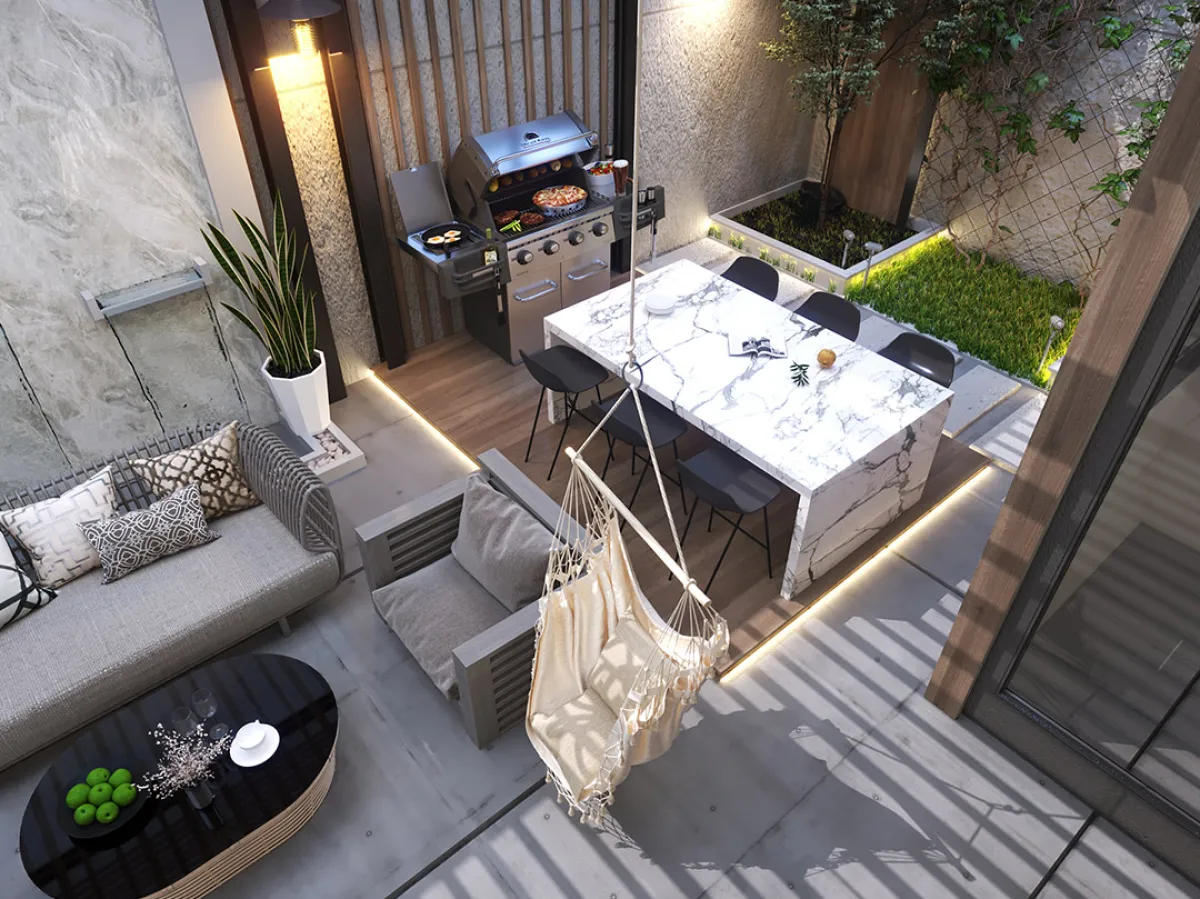 الحديقة الخارجية تُشابه غرفة الجلوس (الصورة من مؤسسة نخبة فيو للديكور)