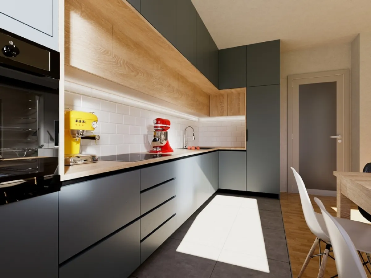 هذا الشكل التصميمي مناسب للمطبخ المتوسط أو الصغير