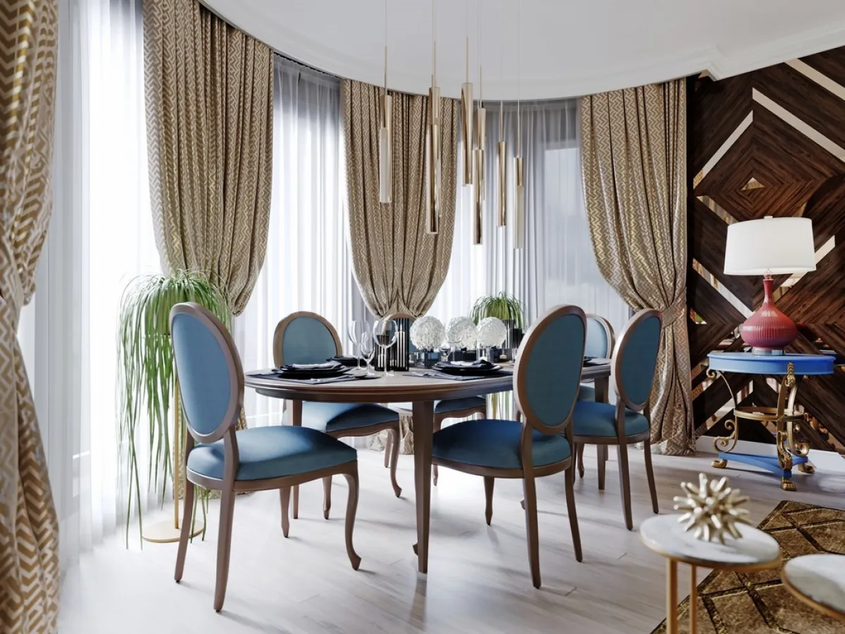 ديكورات ملونة بالأزرق في غرفة الطعام