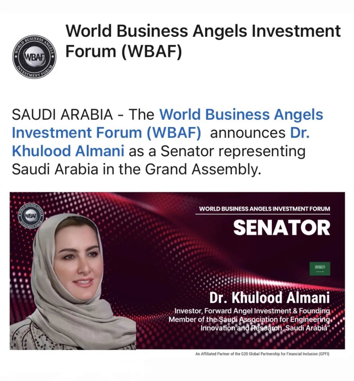 خلود المانع أول سعودية تحصل على لقب سيناتور في المنتدى العالمي للاستثمار وريادة الأعمال WBAF