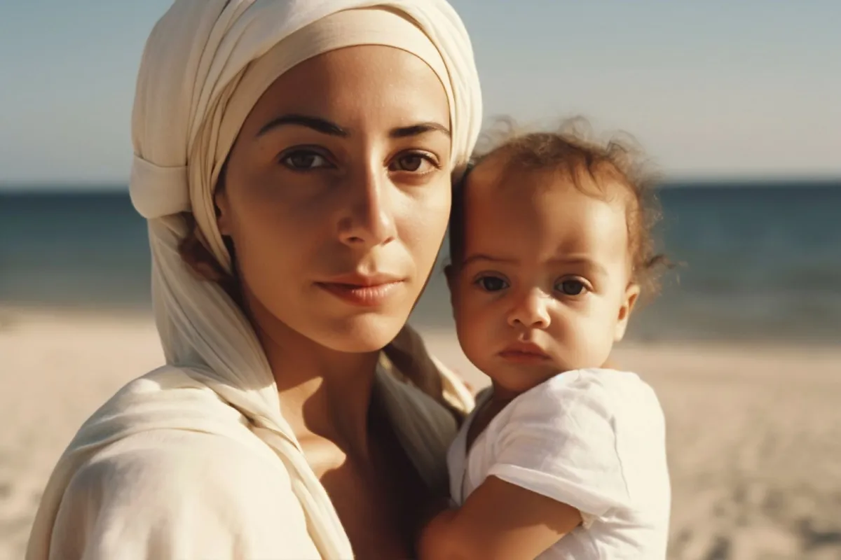 صورة امرأة تحمل طفلها