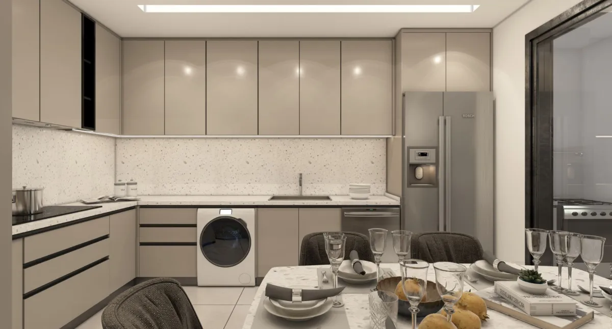 خزائن المطبخ مصبوغة بمزيج لوني من البيج والرمادي