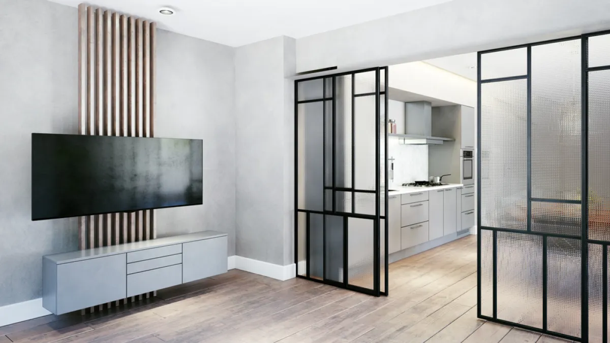 تصميم للباب السحاب مشغول من الزجاج والمعدن