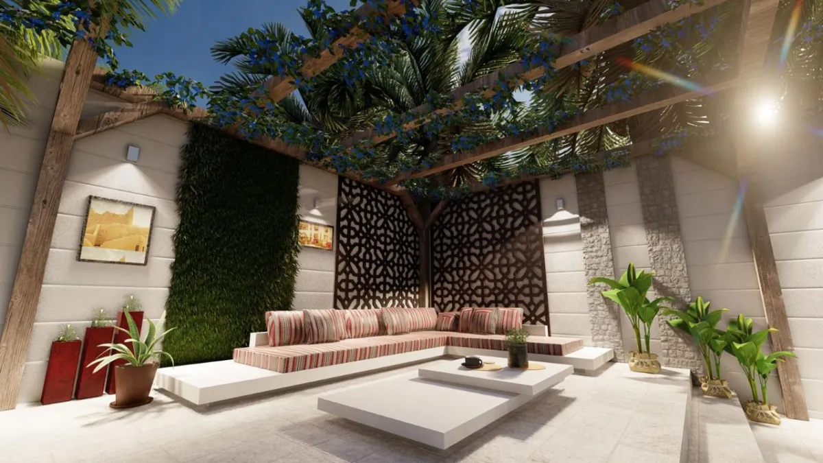 جلسة في الحديقة المنزلية مستوحاة من التراث السعودي