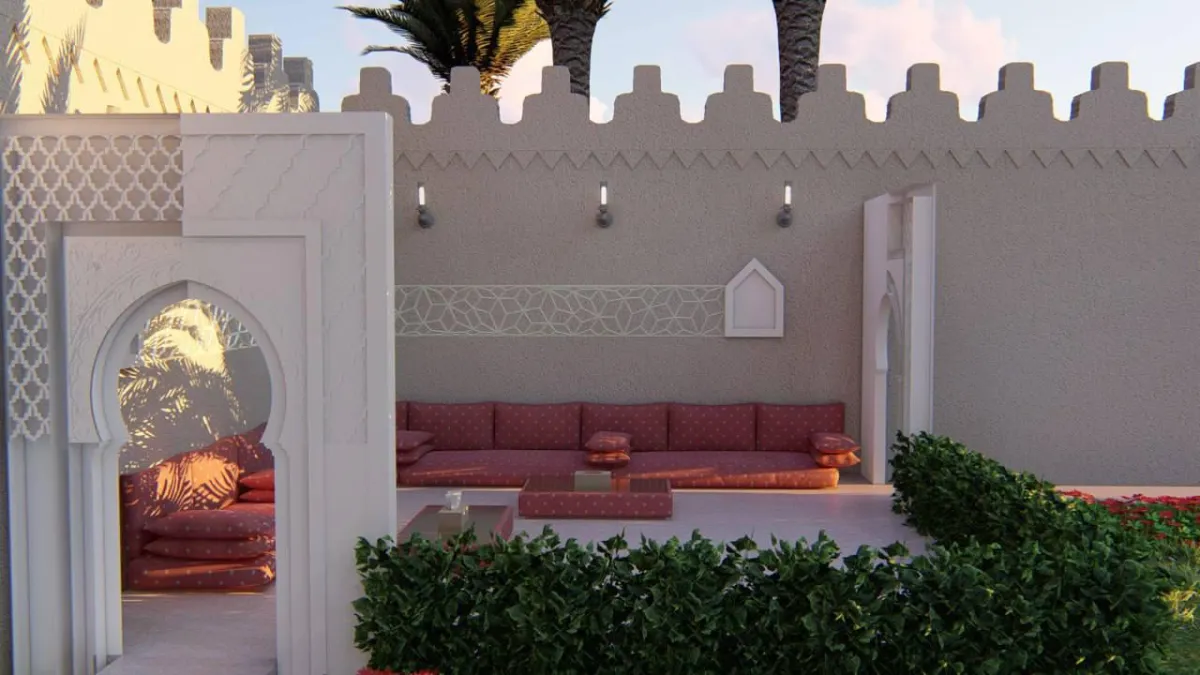تصميم جذاب للجلسة في الحديقة مستوحى من التراث النجدي والتصميم الإسلامي
