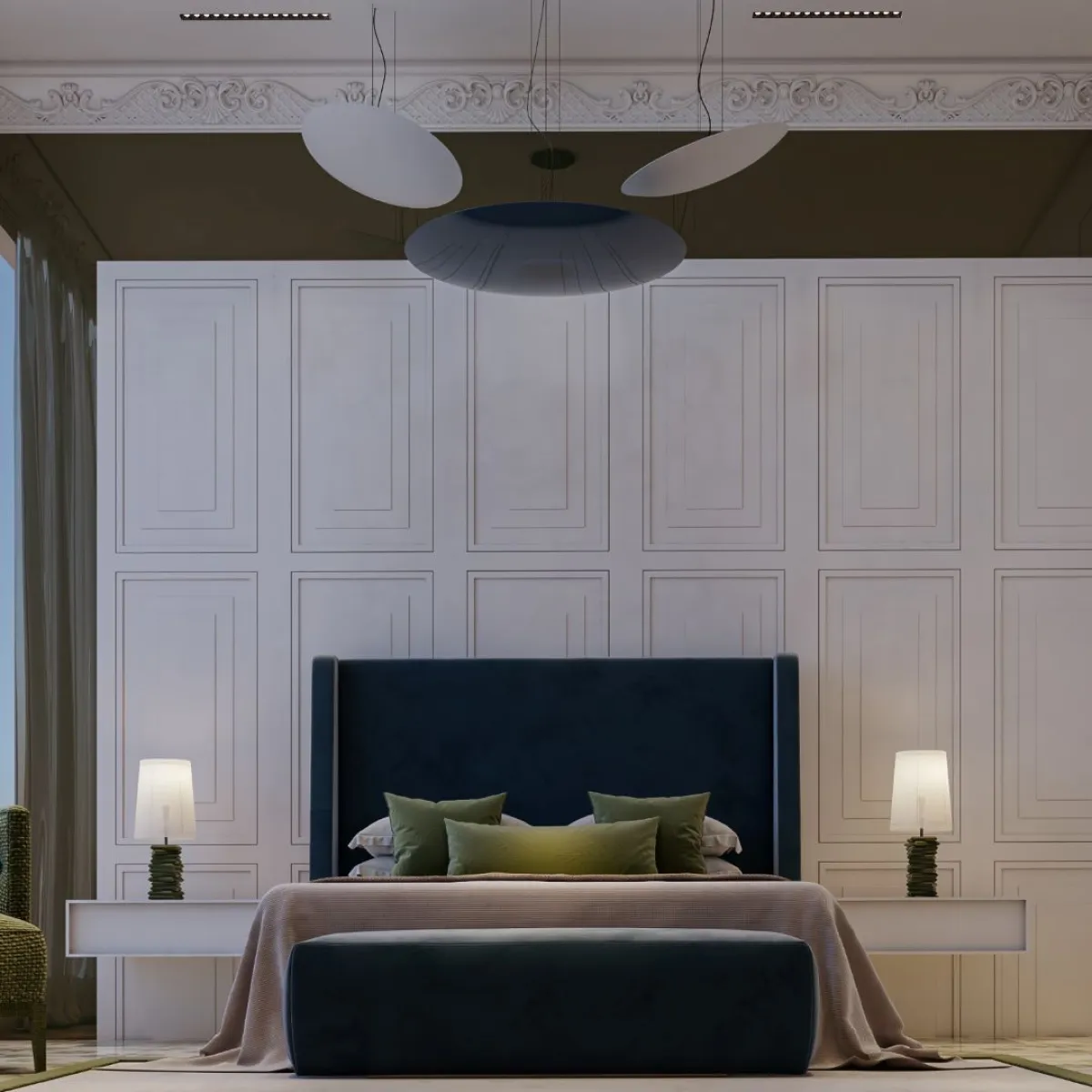 ديكور مصمم من الجبس للجدار الكائن خلف السرير