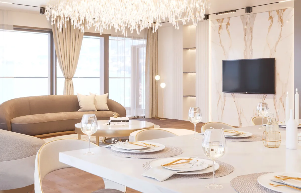 جانب من غرفة طعام مدمجة بغرفة الاستقبال