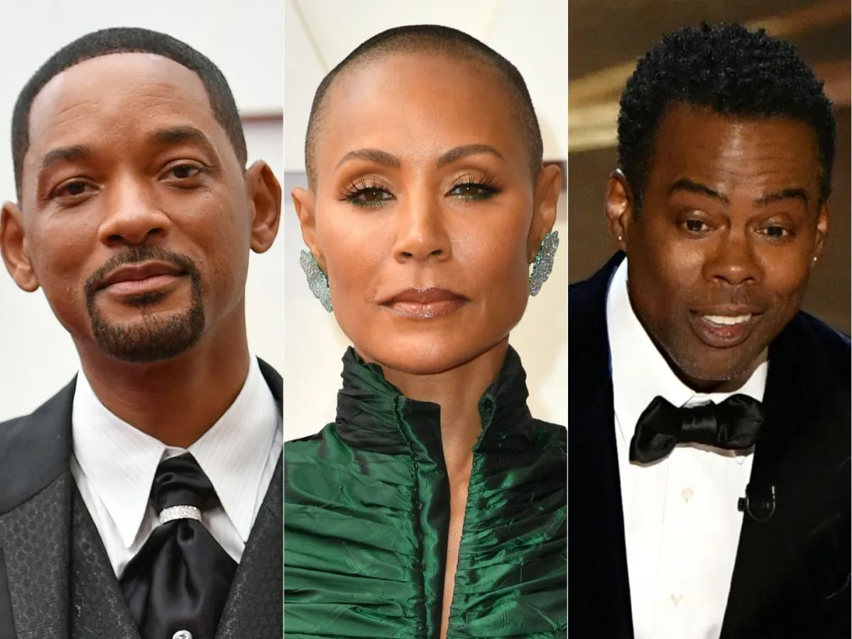 ويل سميث (يسار)، جادا بينكيت سميث وكريس روك (Will Smith (L), Jada Pinkett Smith and Chris Rock). مصدر الصورة: Angela WEISS and Robyn Beck / AFP