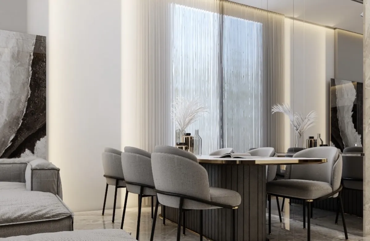 كراس منجدة تحوط بطاولة الطعام؛ الألوان الأحادية طاغية على الفراغ