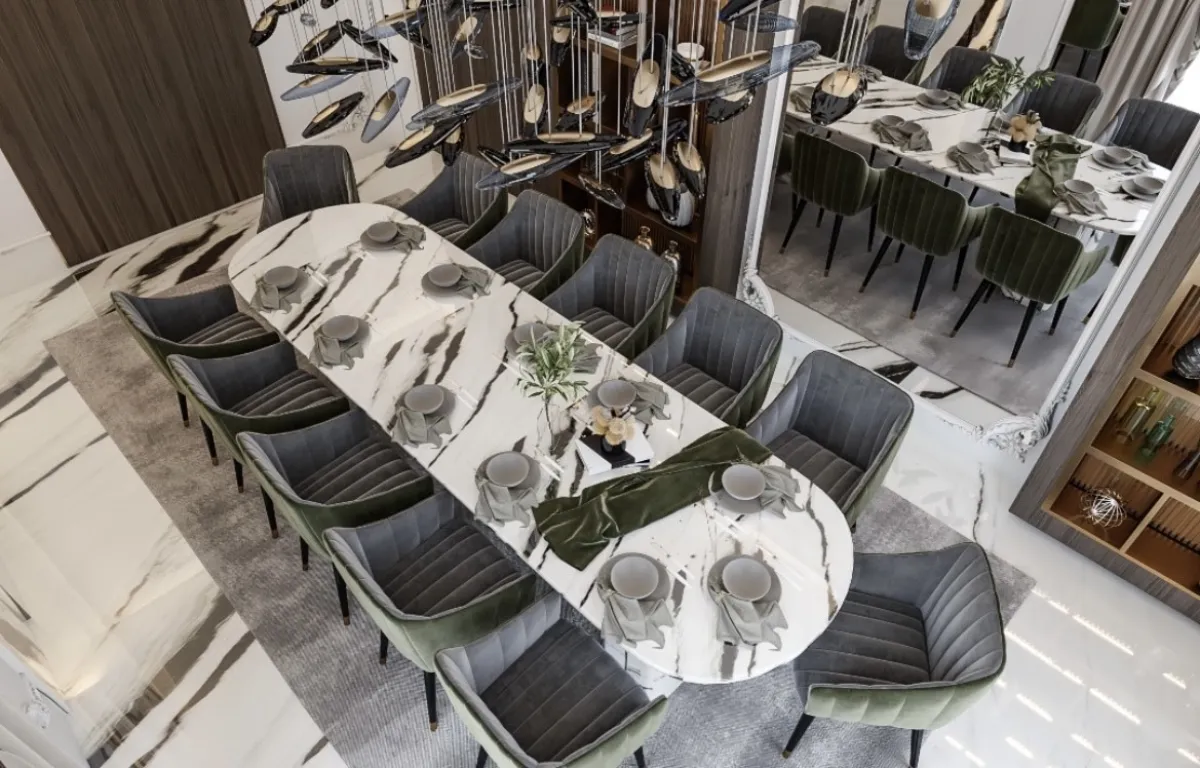  غرفة الأكل فخمة، لناحية الأثاث