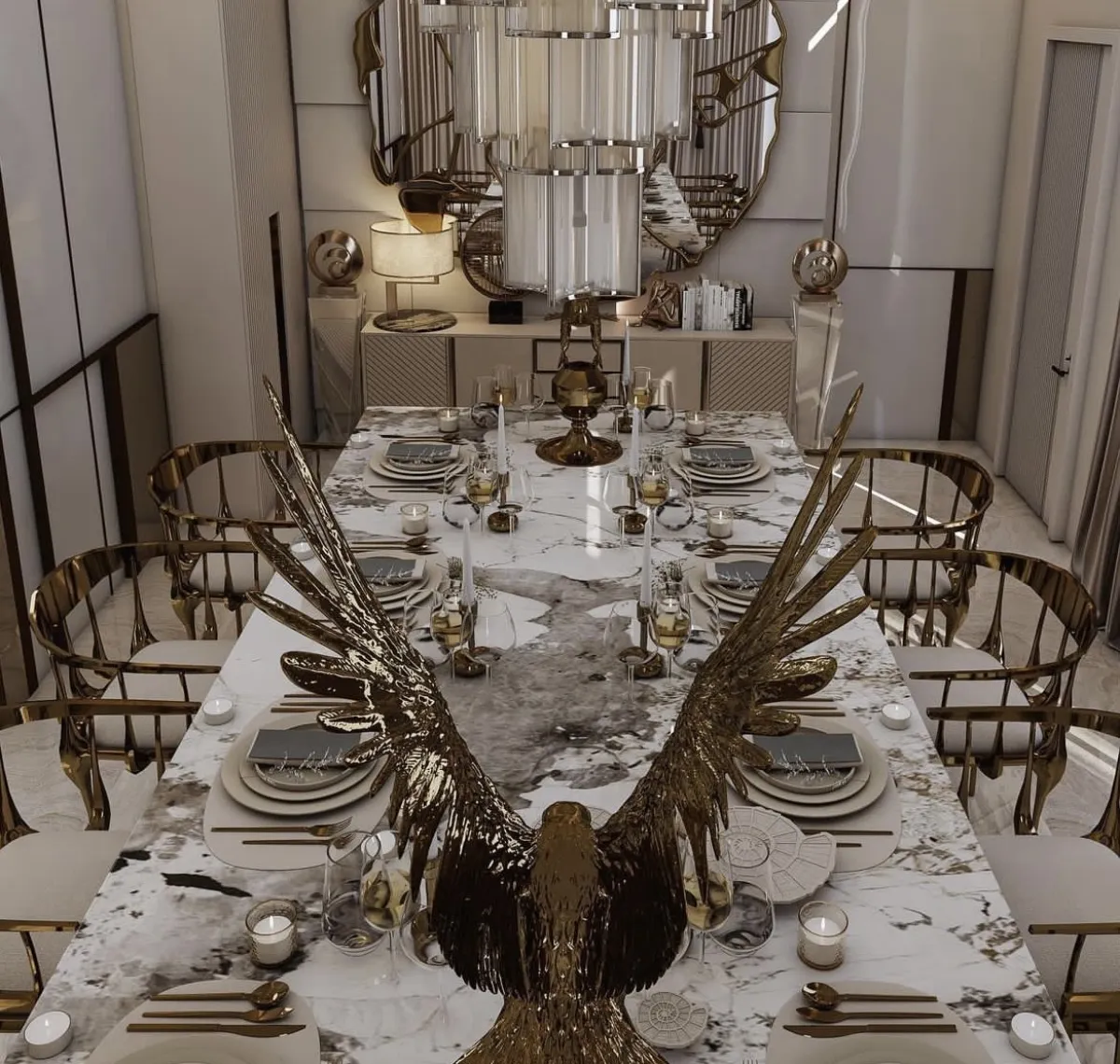 طاولة طعام ذات سطح رخام، تحوط بها كراس من المعدن، منجدة مقاعدها