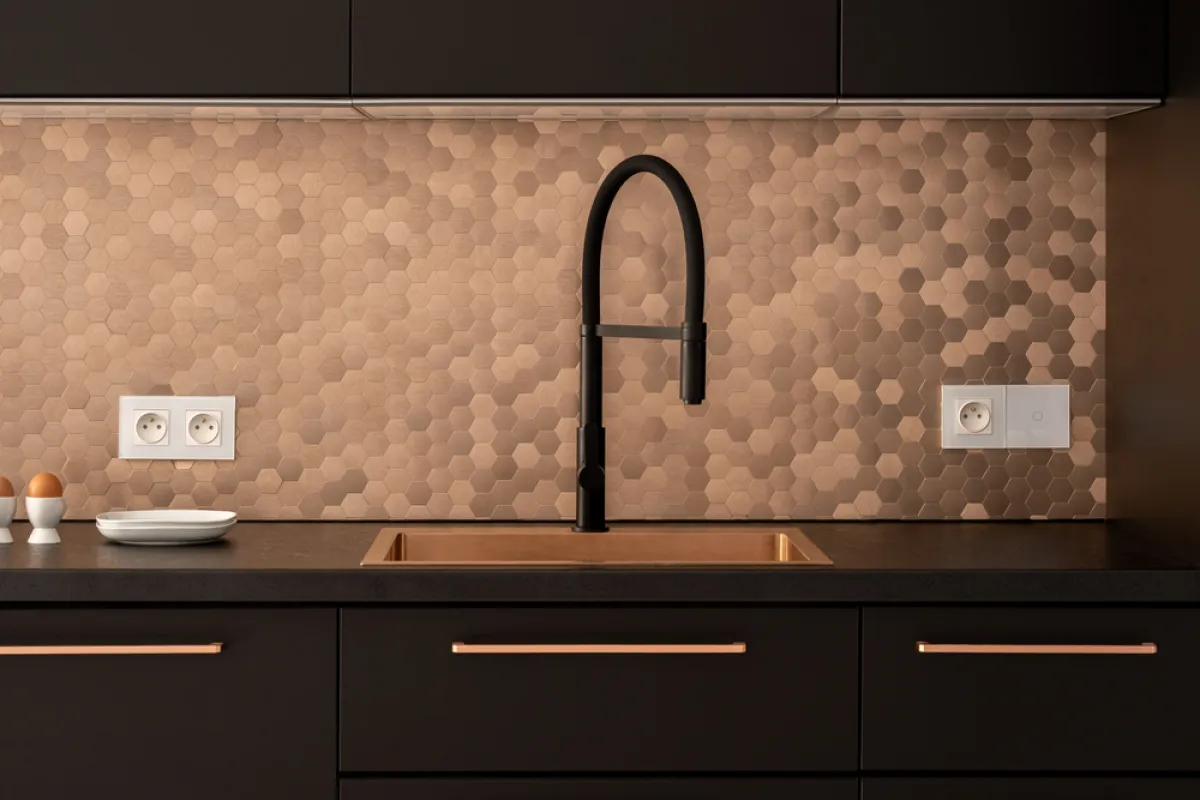 نقوش بحسب أقراص العسل مميزة على "الباكسبلاش"، في المطبخ