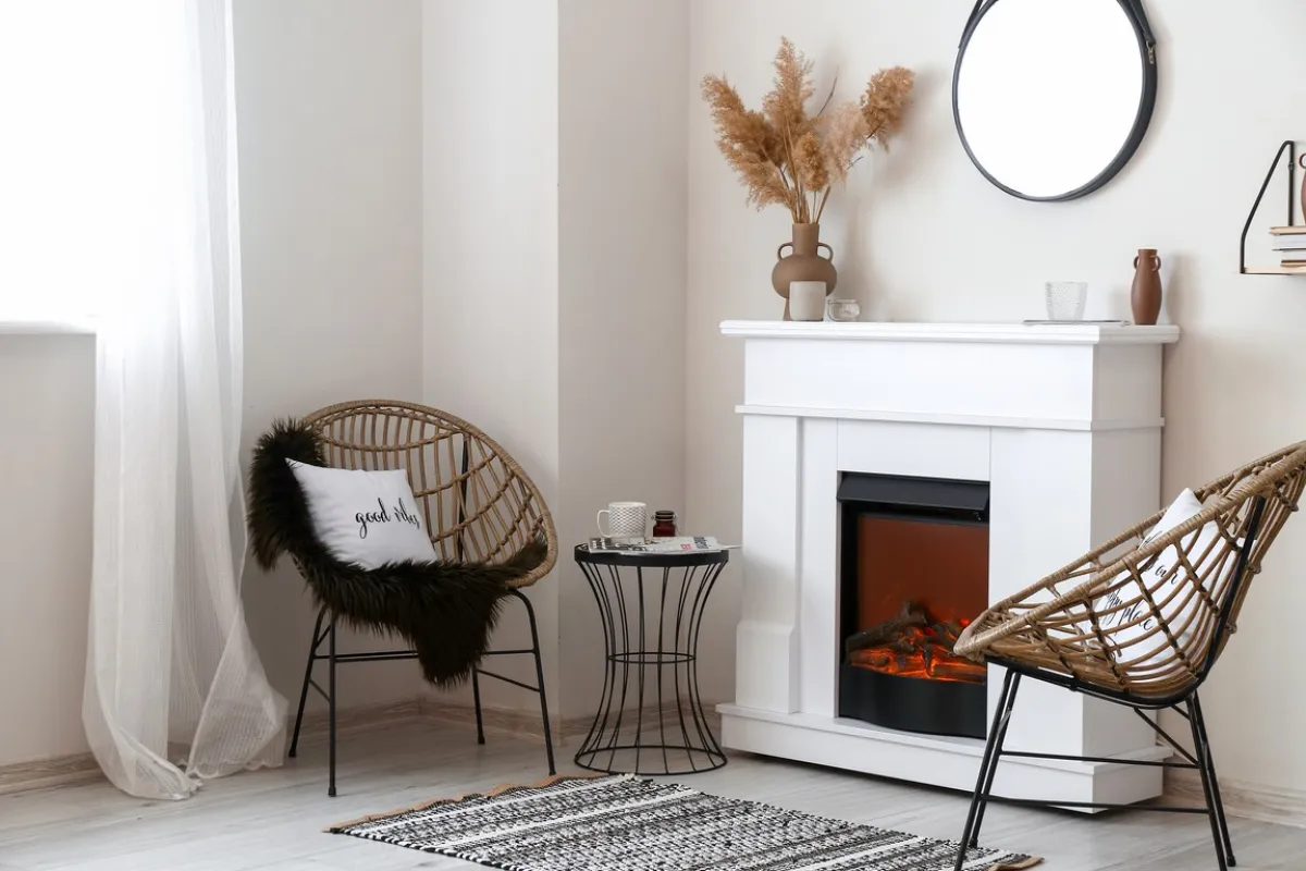 كرسيان منفذان من خامة الروطان والمعدن يتقدمان المدفأة