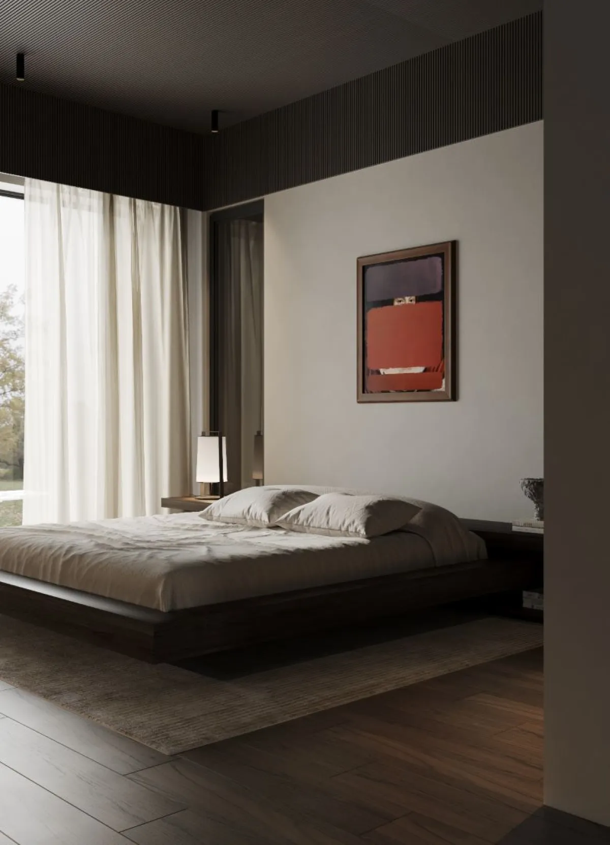 غرفة النوم مكسوة أرضيتها بالباركيه