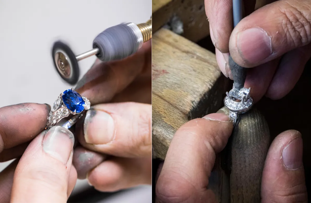 تثبيت الماسة وسط الترصيعة أثناء عملية الصقل النهائية للخاتم- الصورة من أرشيف فان كليف أند آربلز Van Cleef & Arpels