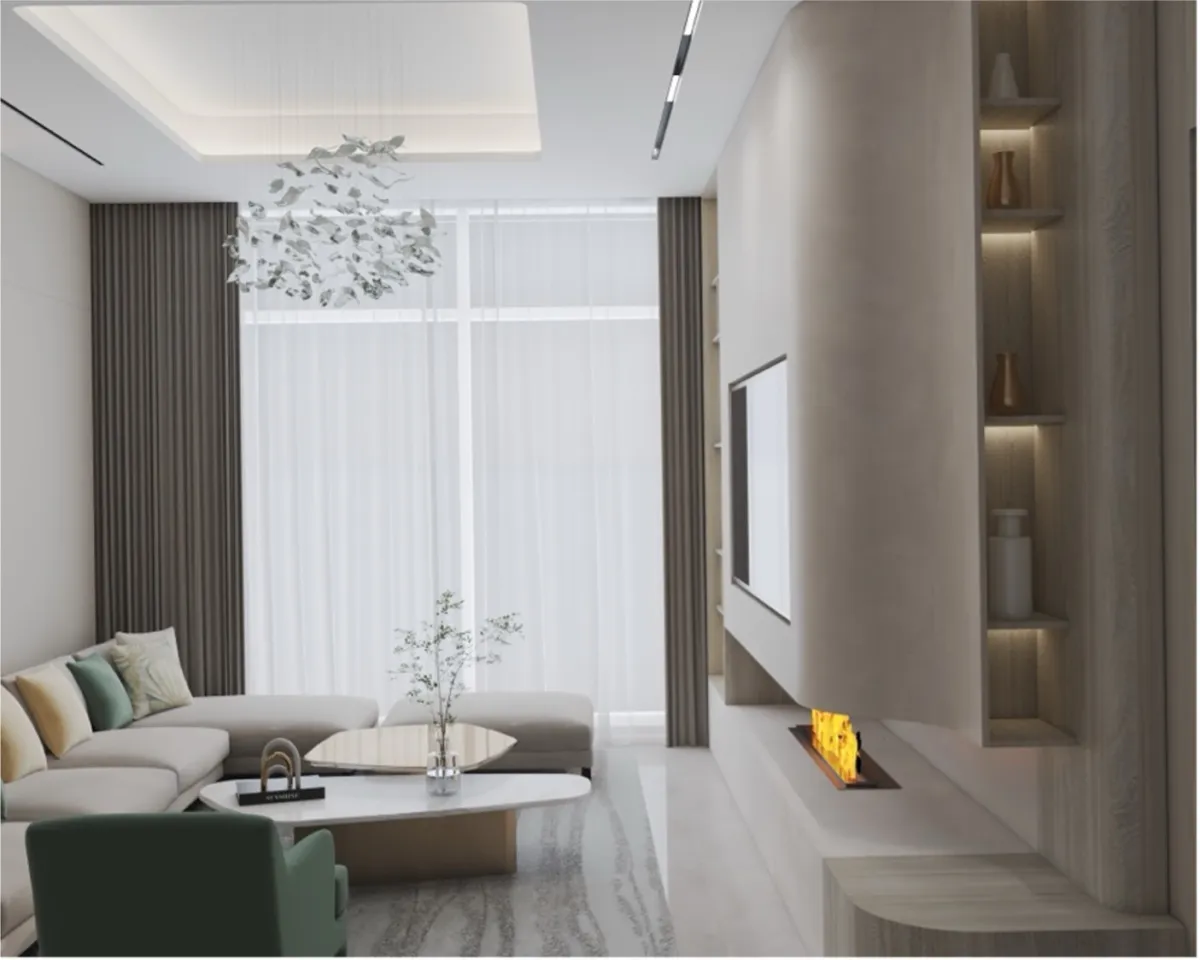 سقف الصالة منفذ من الجبس بورد ويعبر عن الطراز المودرن