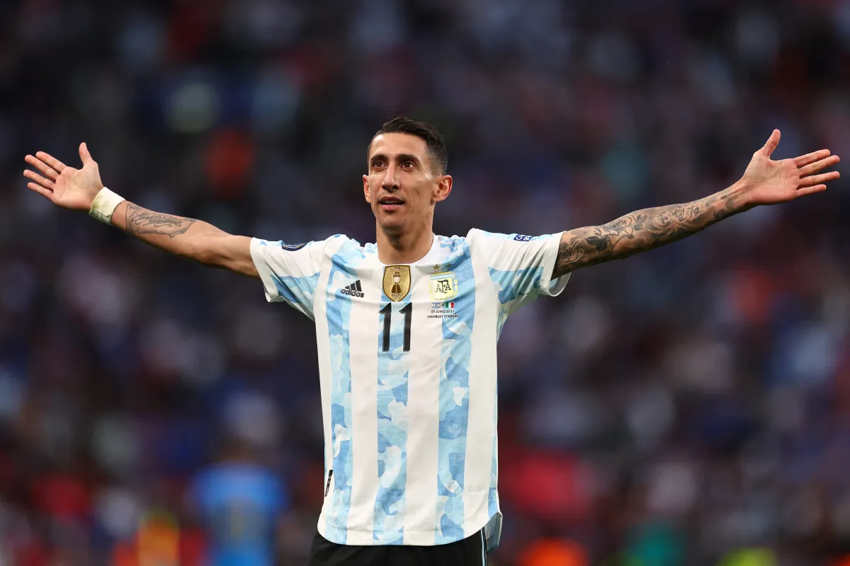 Soccer Football - Finalissima - Italy v Argentina - Wembley Stadium, London, Britain - June 1, 2022 Argentina's Angel Di Maria celebrates scoring their second goal REUTERS/David Klein/File Photo