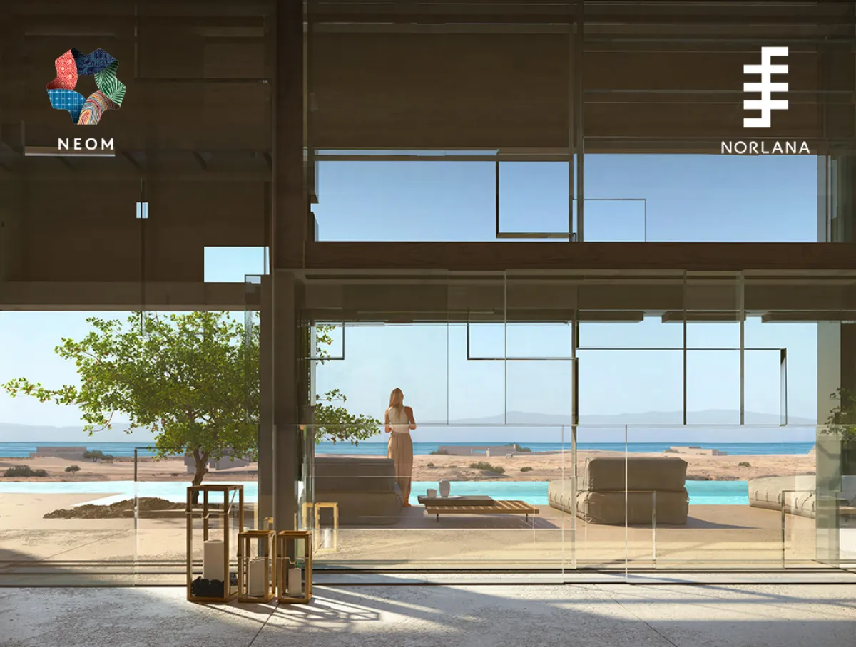 مجمّع سكنيّ راقٍ يقع شمال ساحل خليج العقبة. الصورة من الحساب الرسمي لنيوم على منصة x 