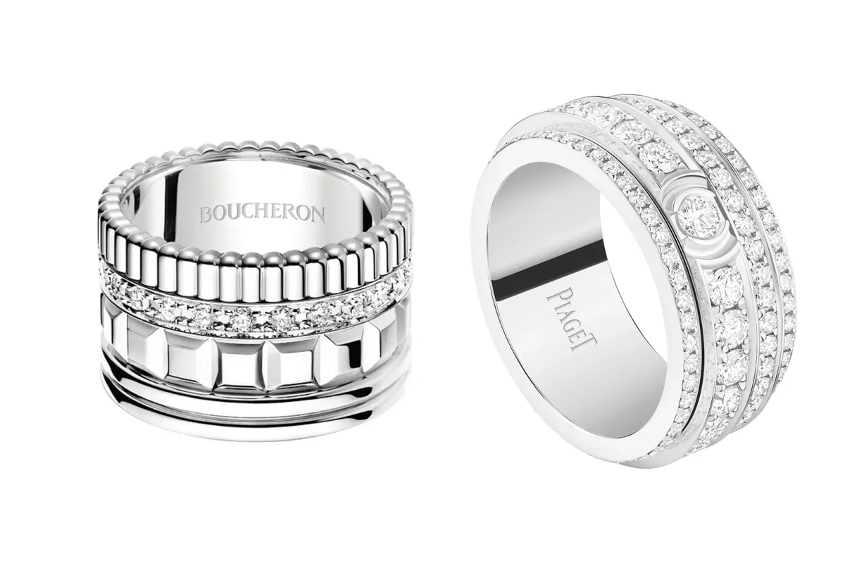 خواتم ذهب أبيض مرصوفة بالألماس بتصميم عريض 