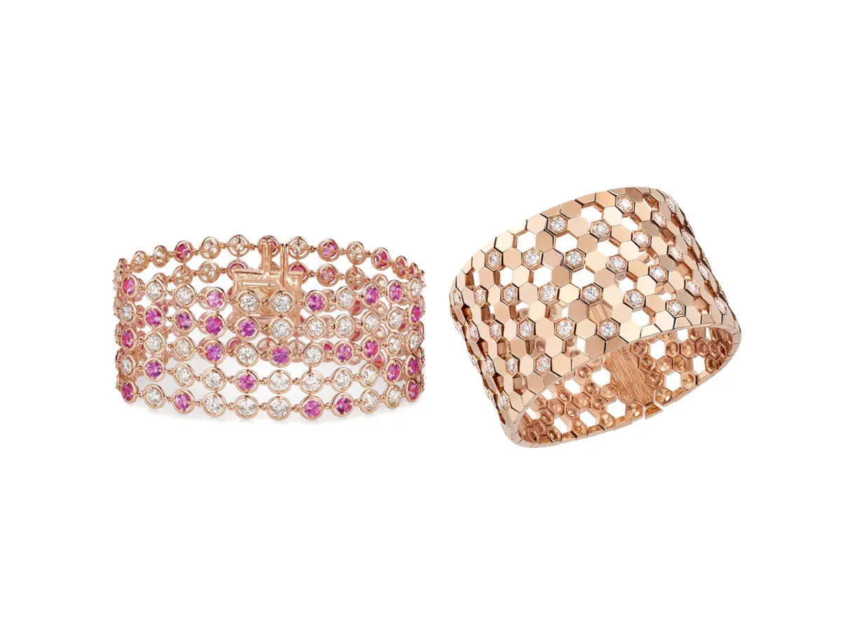 أساور عريضة من الذهب الوردي المرصوف بالألماس 