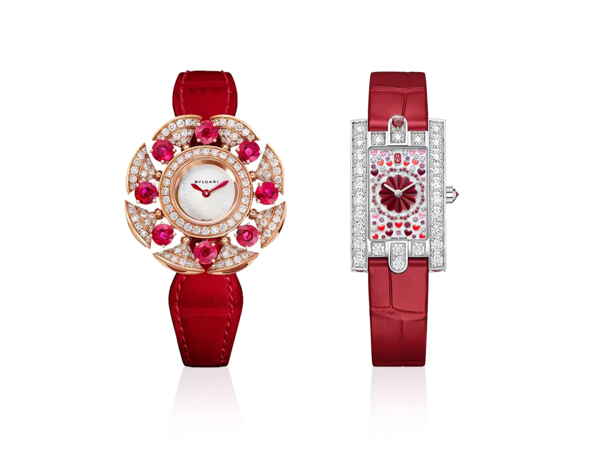 ساعات جلد حمراء مرصوفة بالألماس لعروس 2024