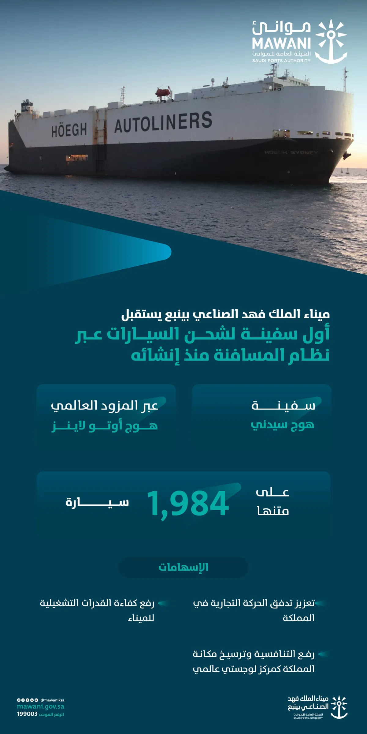 ميناء ينبع الصناعي يستقبل أول سفينة لشحن السيارات منذ إنشائه