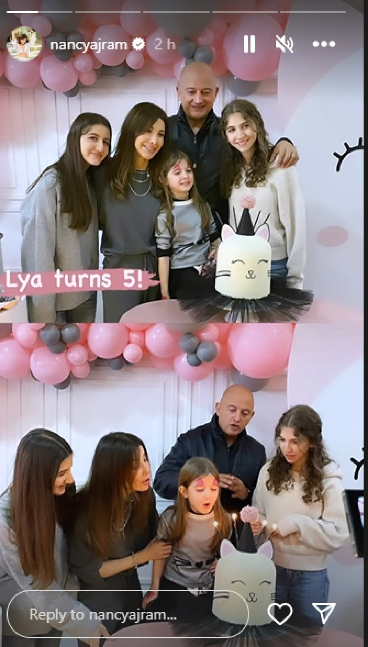 نانسي عجرم وأسرتها خلال الاحتفال بيوم ميلاد ليا- الصورة من ستوري صفحة نانسي على انستغرام