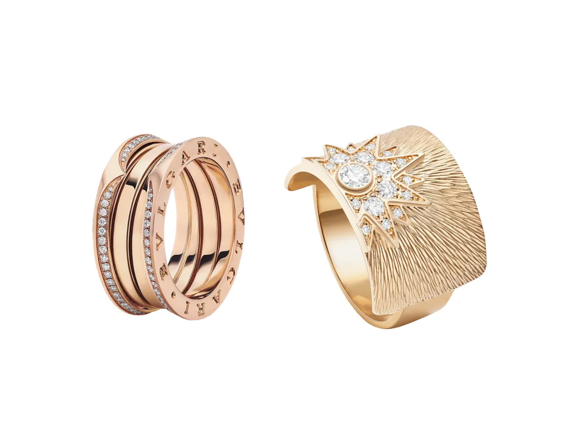 خواتم ذهب وردي مرصوفة بالألماس بتصاميم عريضة