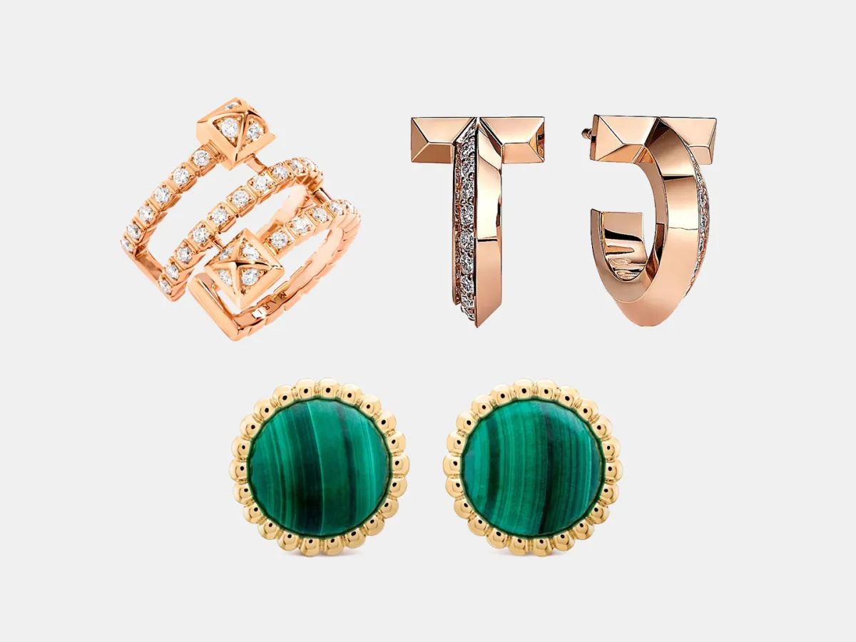 أقراط ذهب مرصوفة بالألماس والأحجار الكريمة