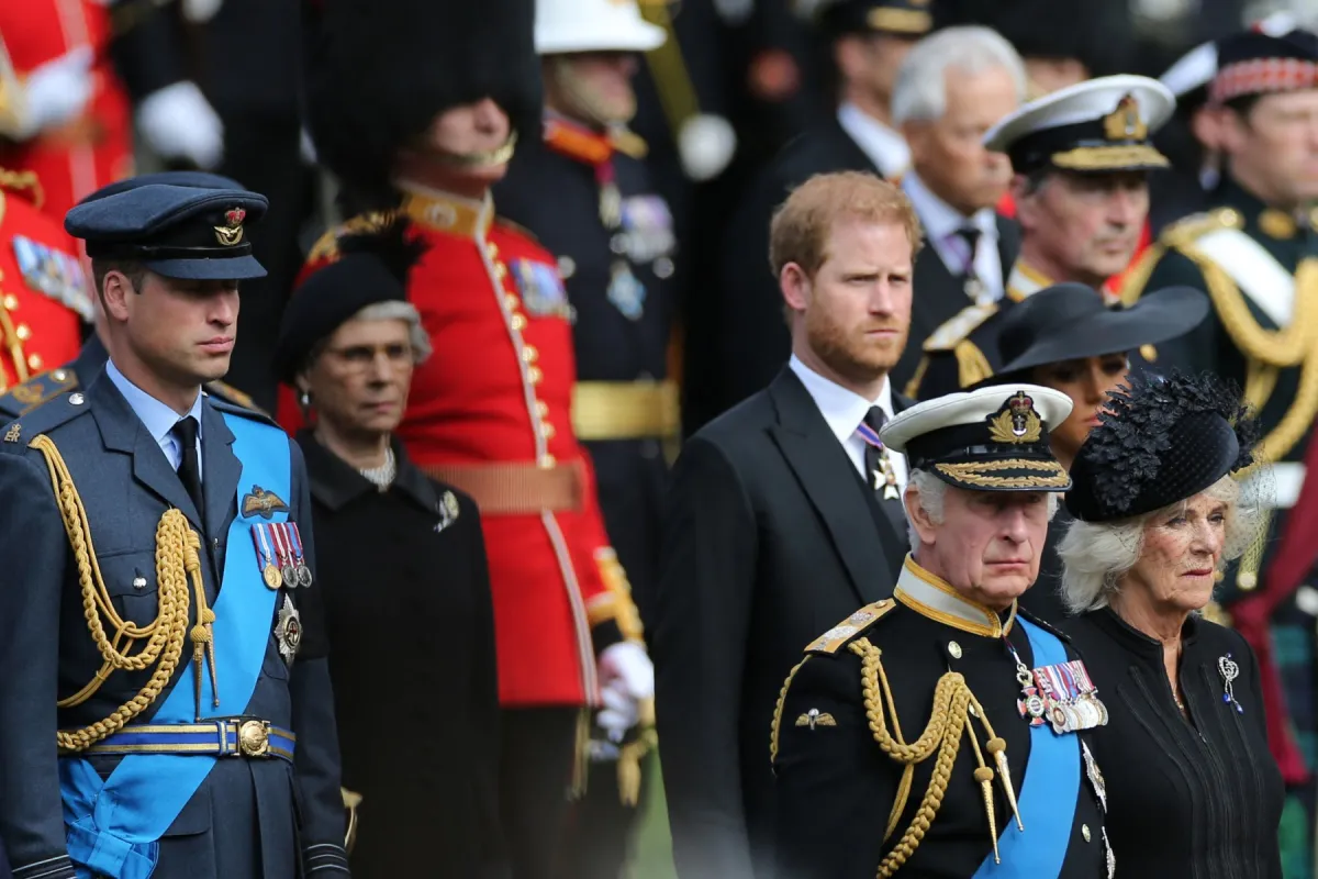 الملك تشارلز برفقة الأمير ويليام والأمير هاري King Charles III, Britain's Prince William, Prince of Wales  and Britain's Prince Harry في جنازة الملكة إليزابيث (مصدر الصورة: ISABEL INFANTES / POOL / AFP)