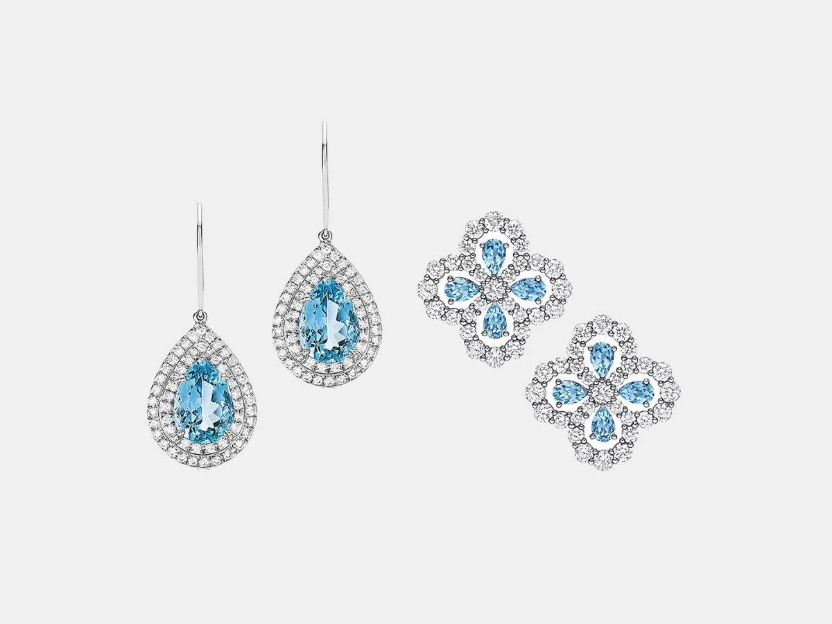 أقراط مرصوفة بالأكوامارين من أشهر الدور العالمية