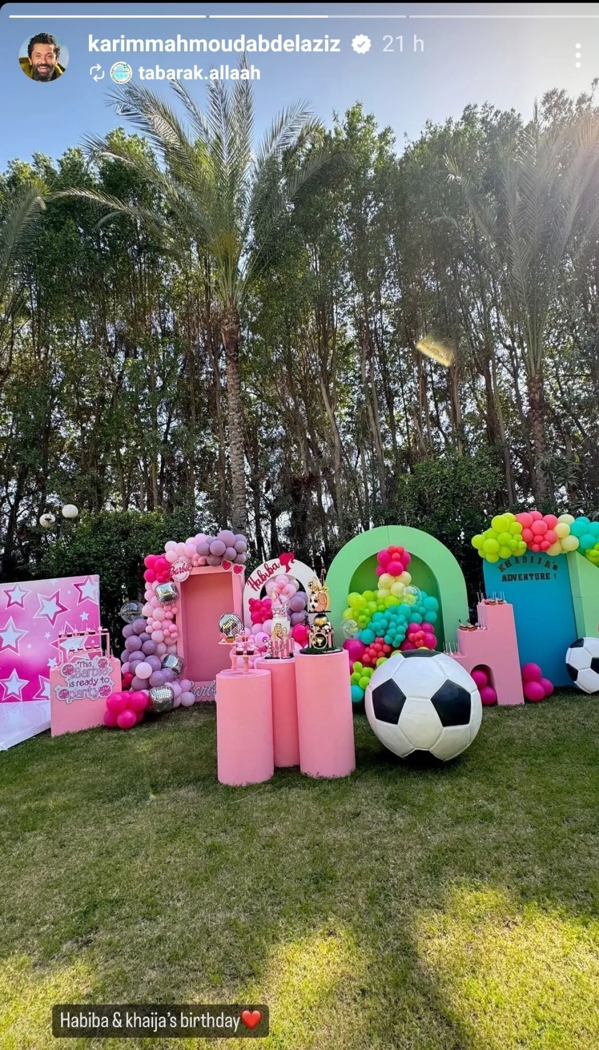 صورة من احتفال كريم محمود عبد العزيز بيوم ميلاد ابنتيه -الصورة من ستوري حسابه الرسمي على إنستغرام