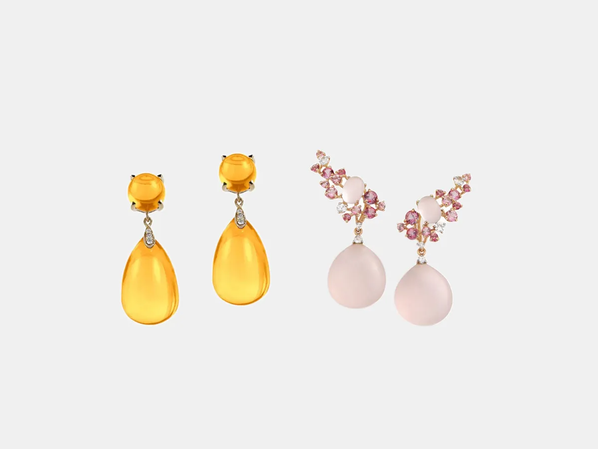 أقراط ذهب أصفر مرصعة بالسترين من Goshwara وأقراط ذهب وردي مرصعة بالأحجار الوردي من بروماني Brumani