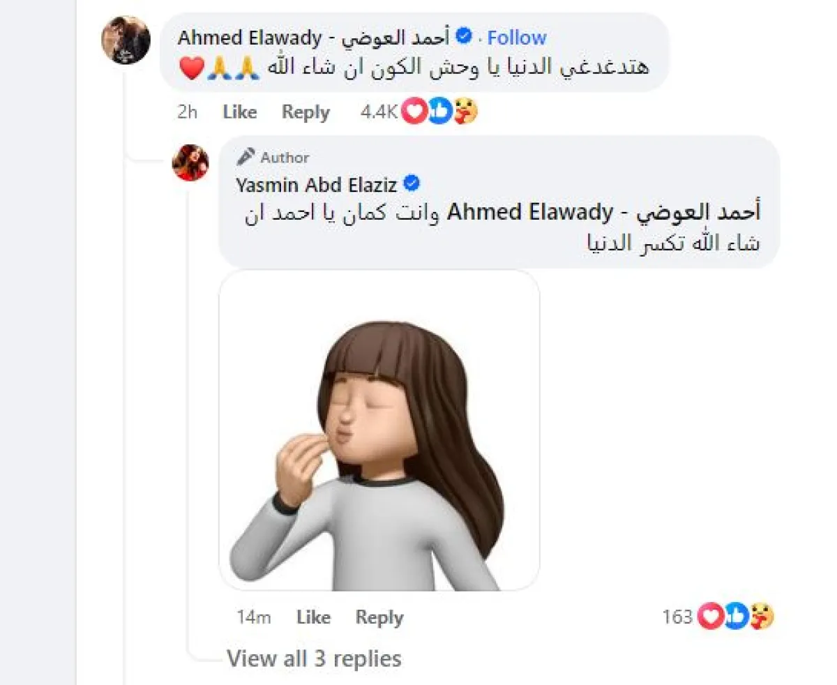 سكرين شوت لتهنئة أحمد العوضي لياسمين عبد العزيز وردها عليه - الصورة من صفحة الفنانة ياسمين عبد العزيز على الفيسبوك 