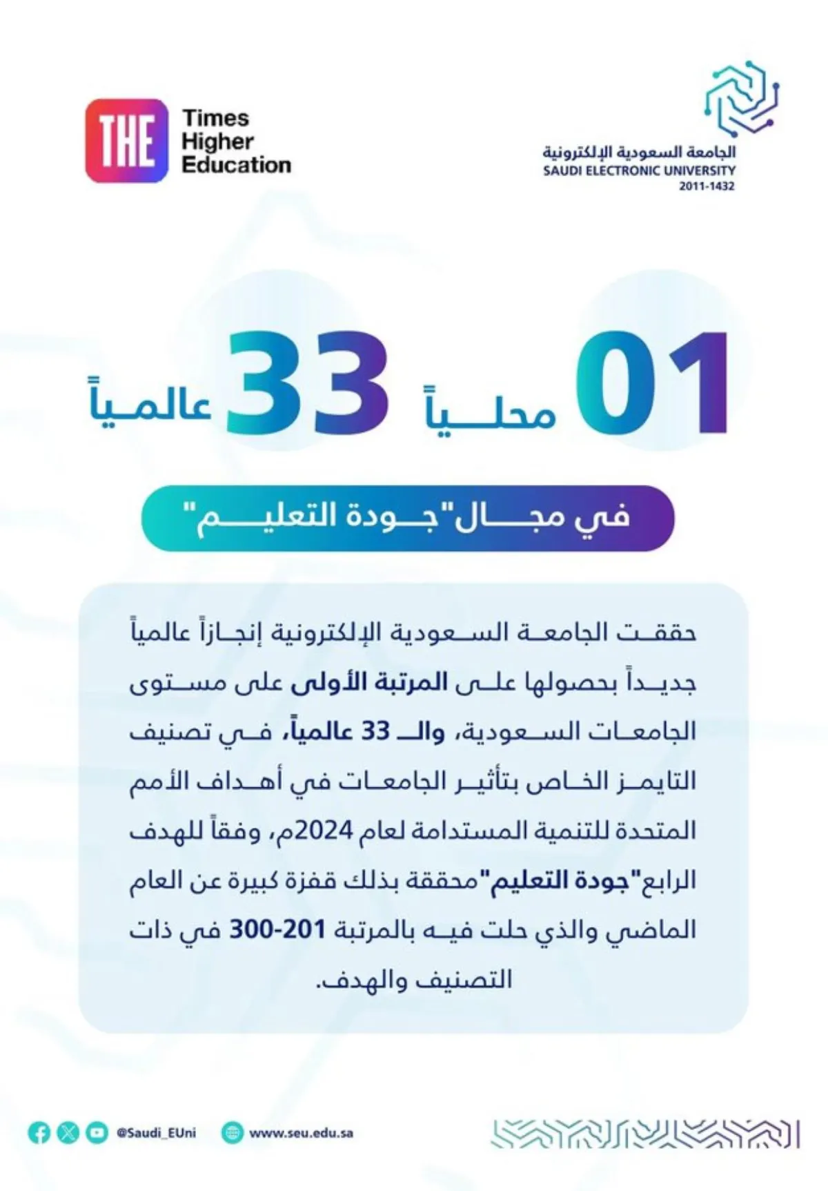 الجامعة السعودية الإلكترونية في المرتبة الأولى محلياً والـ 33 عالمياً