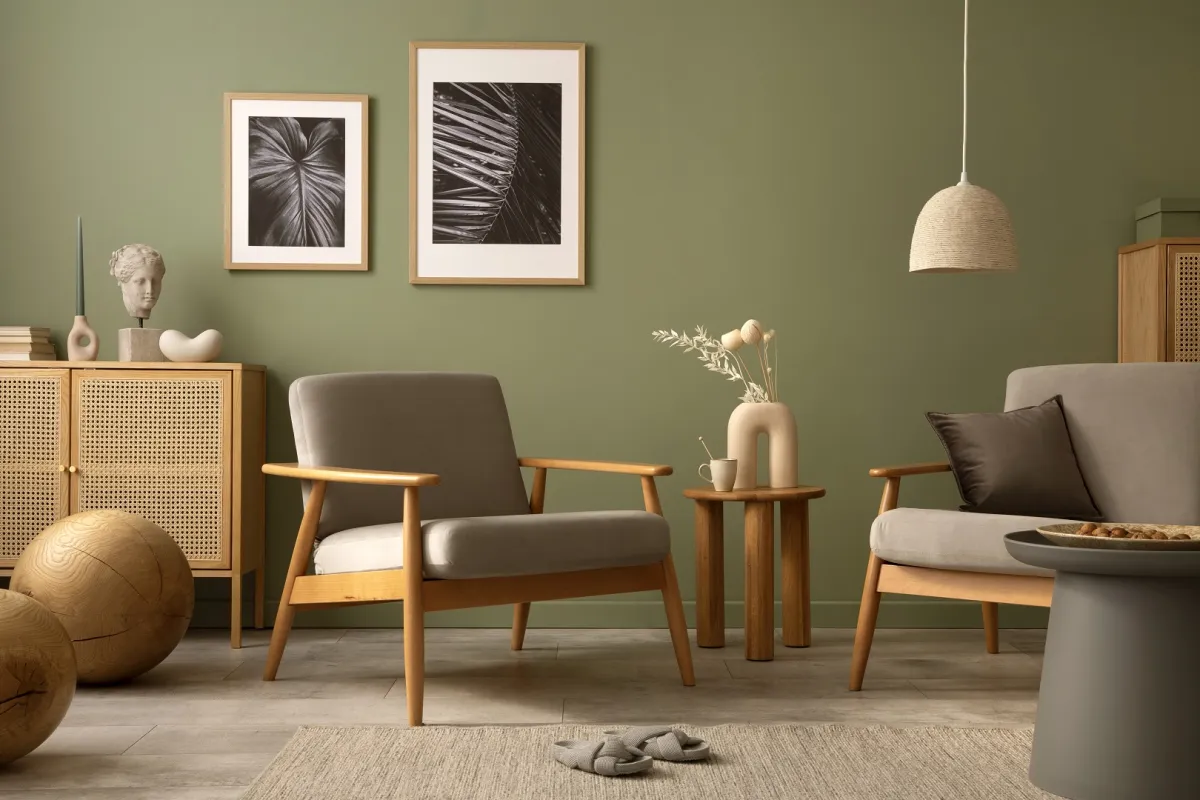 جدران غرفة المعيشة مطلية بأخضر المريمية