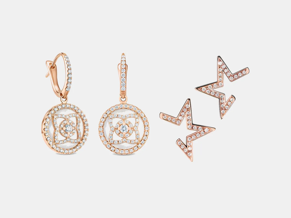 أقراط ذهب وردي مرصوفة بالألماس لإطلالات الصيف