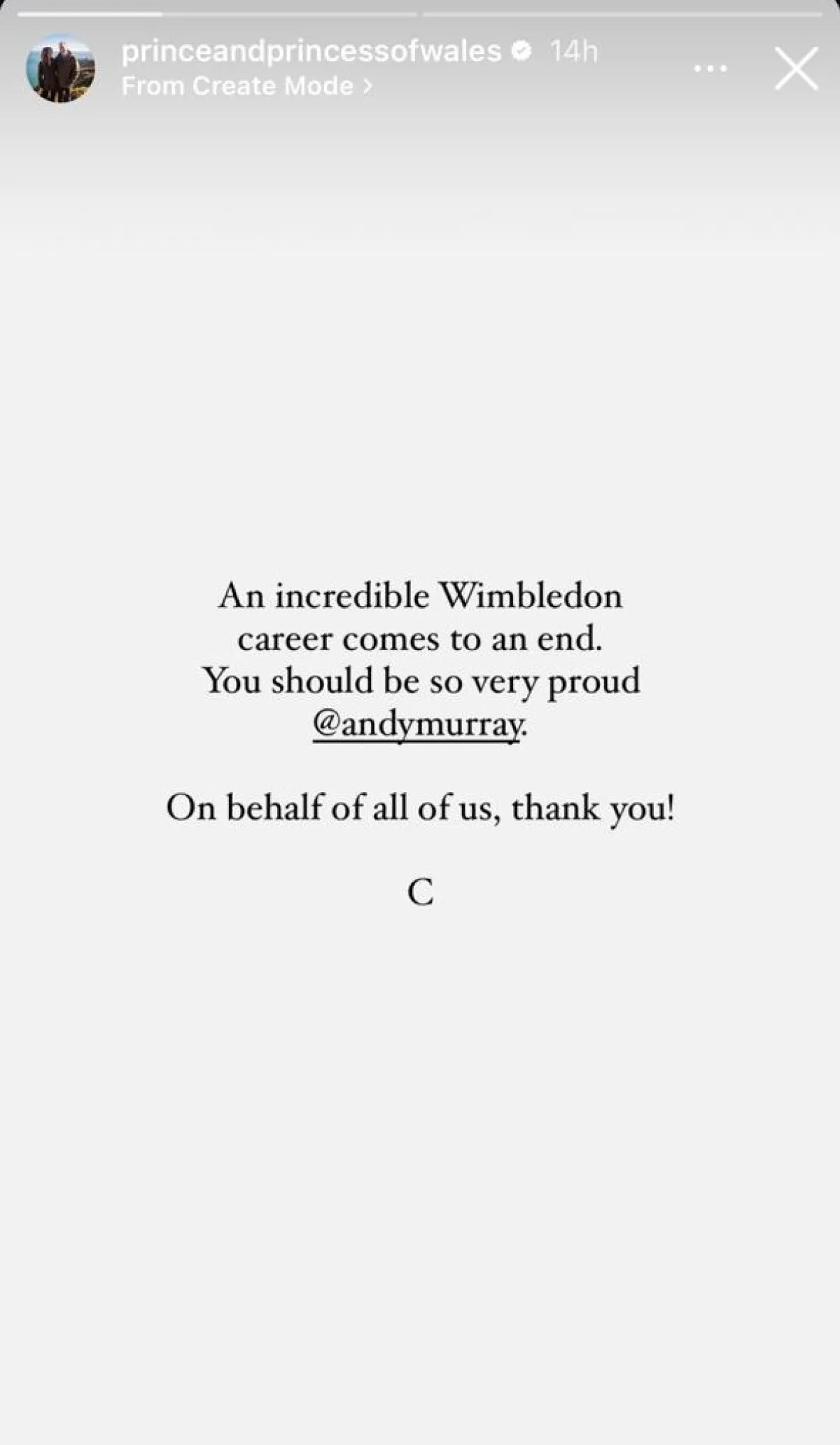 رسالة كيت ميدلتون لآندي موراي- الصورة من قصص إنستغرام حساب أمير وأميرة ويلز على إنستغرام