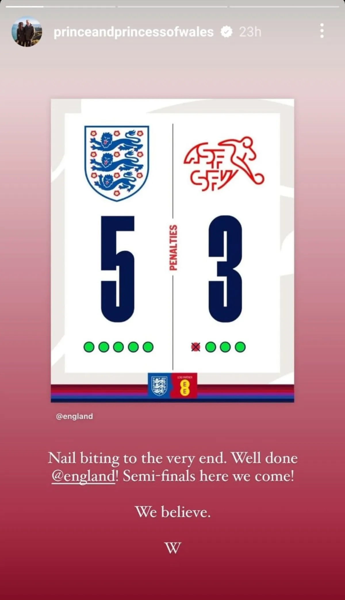 مشاركة الأمير ويليام فوز منتخب إنجلترا -الصورة من قصص إنستغرام أمير وأميرة ويلز