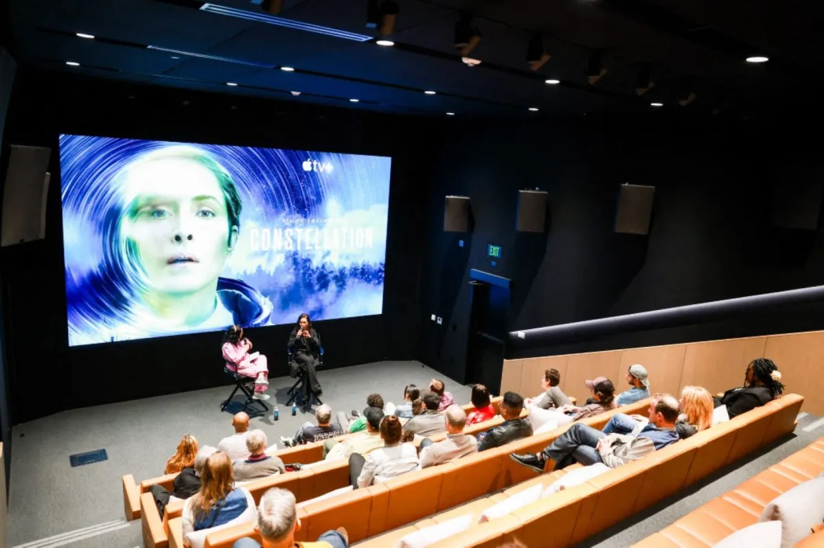 Jenelle Riley and Noomi Rapace speak at the SAG-AFTRA Foundation conversations presents Apple TV+ Series "Constellation" at Apple Offices on May 03, 2024 in Culver City, California. Matt Winkelmeyer/Getty Images/AFP (Photo by Matt Winkelmeyer / GETTY IMAGES NORTH AMERICA / Getty Images via AFP)