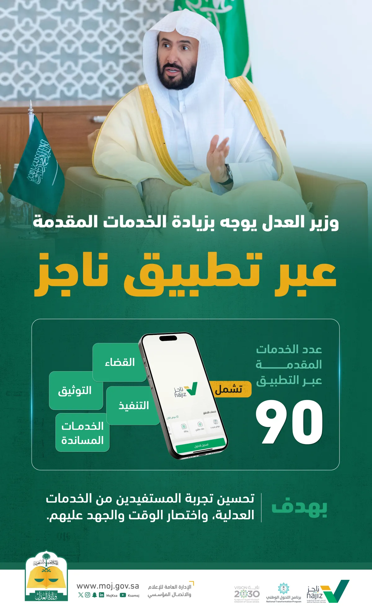 وزير العدل يوجه بزيادة الخدمات المقدمة عبر تطبيق ناجز2