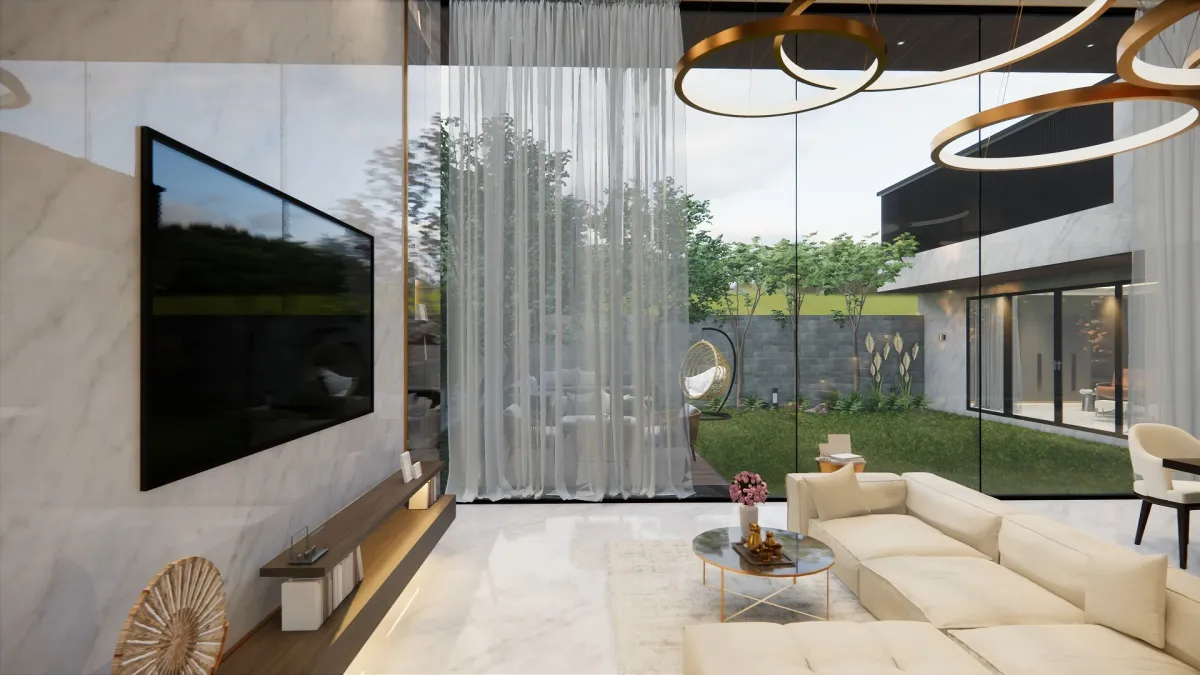 غرفة جلوس فخمة، مزودة بستائر 