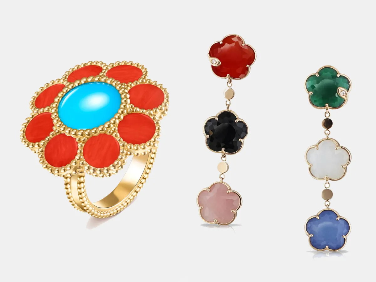 أقراط Petit Joli Bouquet من باسكال بروني Pasquale Bruni   وخاتم Pâquerette من فان كليف أند آربلز Van Cleef & Arpels