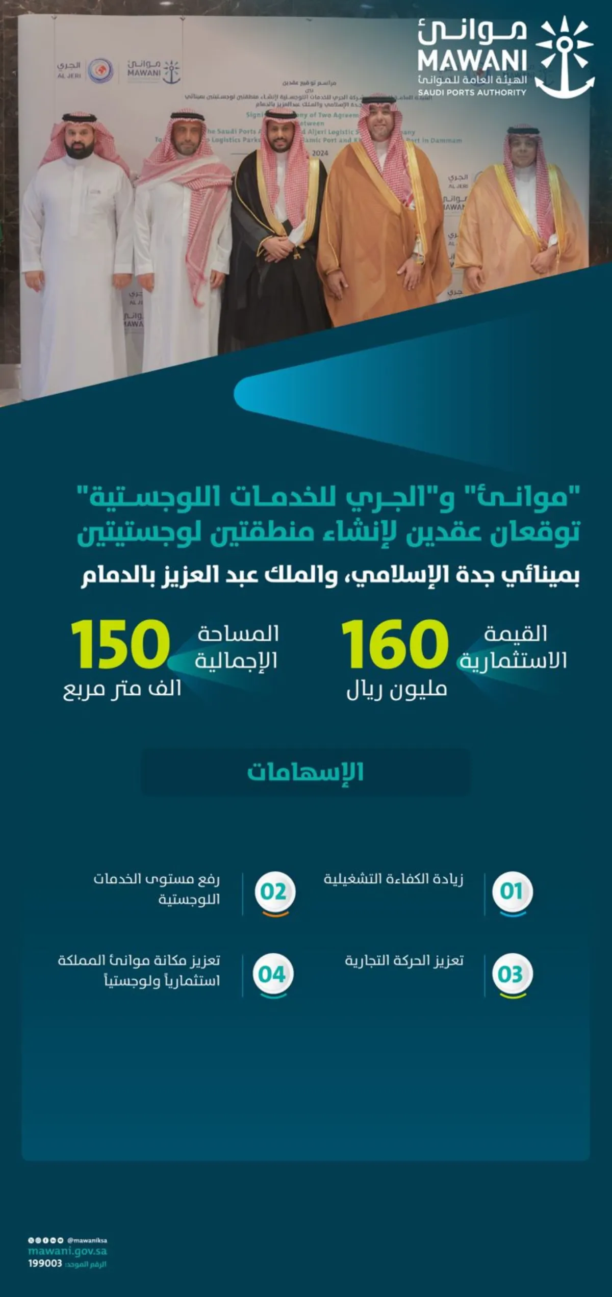 موانئ والجري للخدمات اللوجستية توقعان عقدين لإنشاء منطقتين لوجستيتين