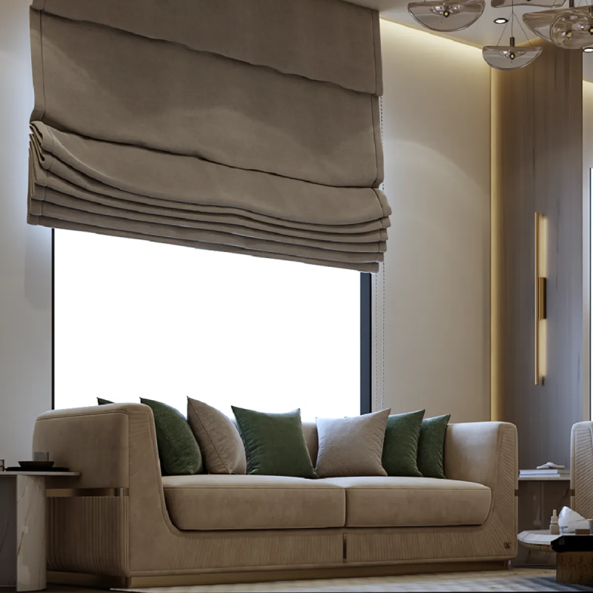 غرفة معيشة مودرن؛ تبدو ستارة رومانية