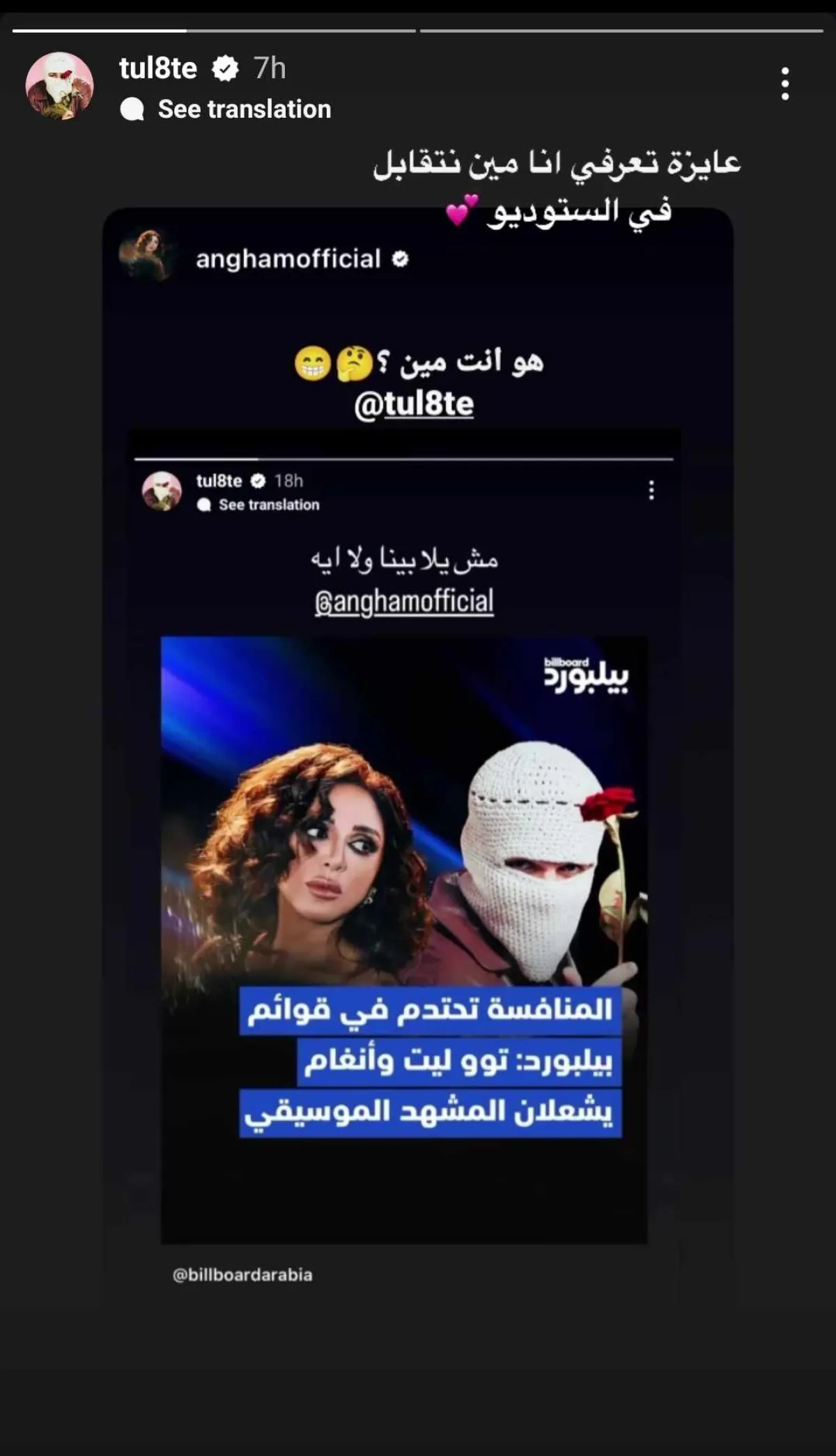 تووليت يرد على أنغام -الصورة من قصص إنستغرام تووليت