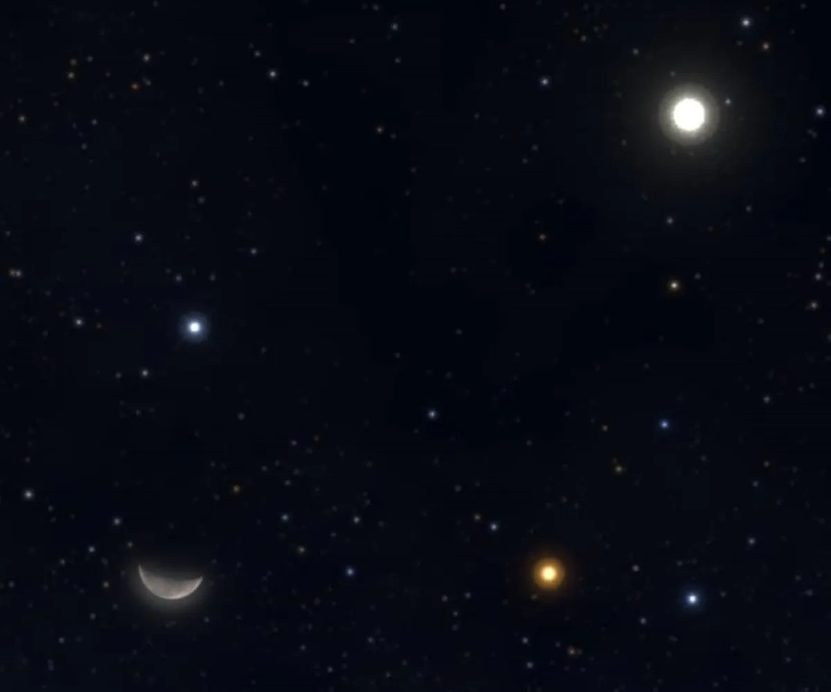 اقتران القمر بالمريخ والمشتري في مثلث سماوي بديع زين سماء العالم العربي فجر اليوم