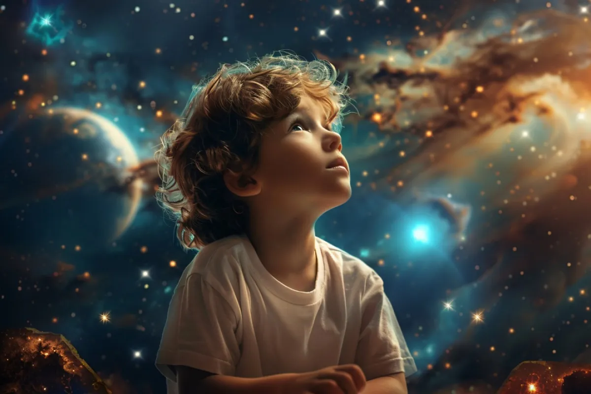 صورة لطفل يتخيل في فضاء الكون
