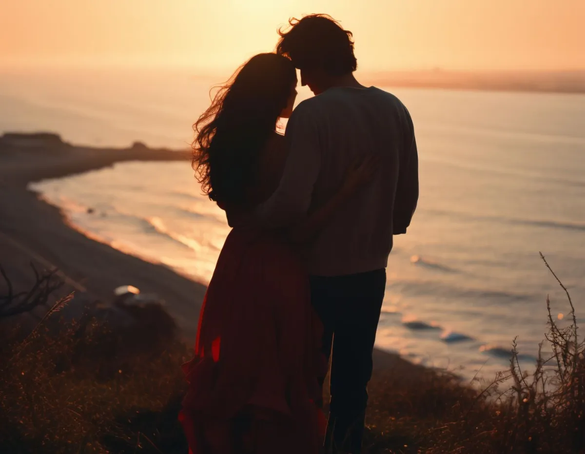 زوجان رومانسيان على الشاطئ عند غروب الشمس